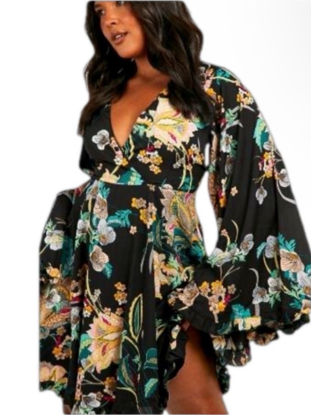 Boohoo Plus Paisley Floral Wide Sleeve Skater Dress Black Size 22